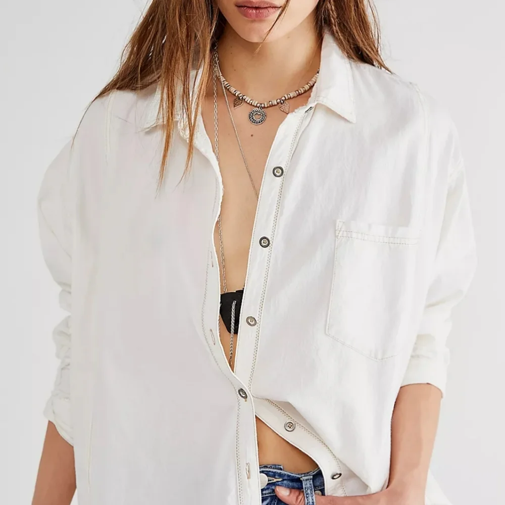 Free People Cream Oversized Button-Front Shirt